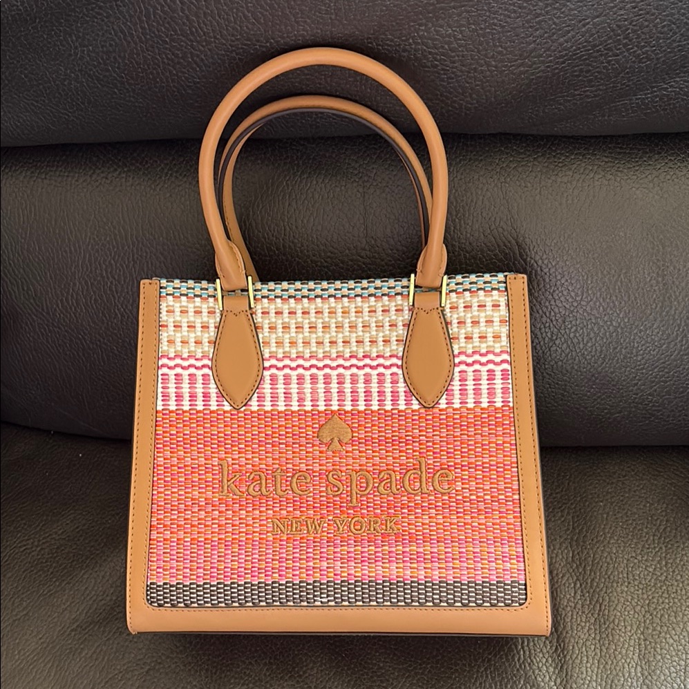 Kate Spade Outlet Pink Multi Straw Small Tote